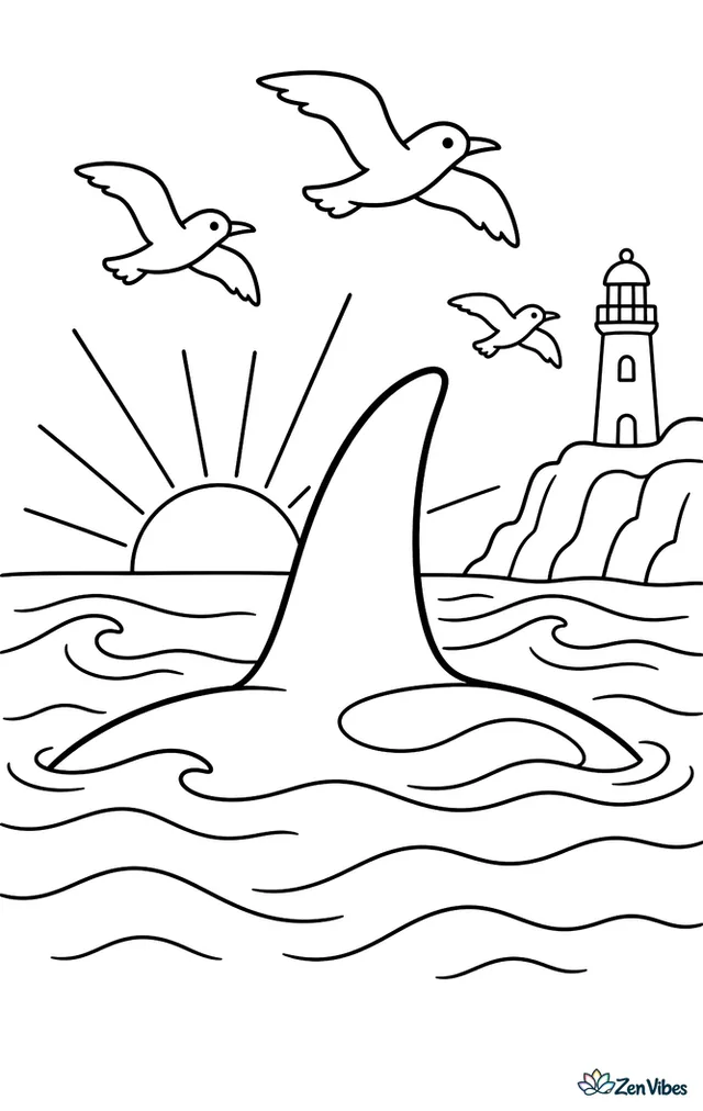 An orca's tall dorsal fin cuts through ocean water at sunrise, with glowing horizon lines, gentle swells, flying terns, and a small lighthouse on far cliffs.