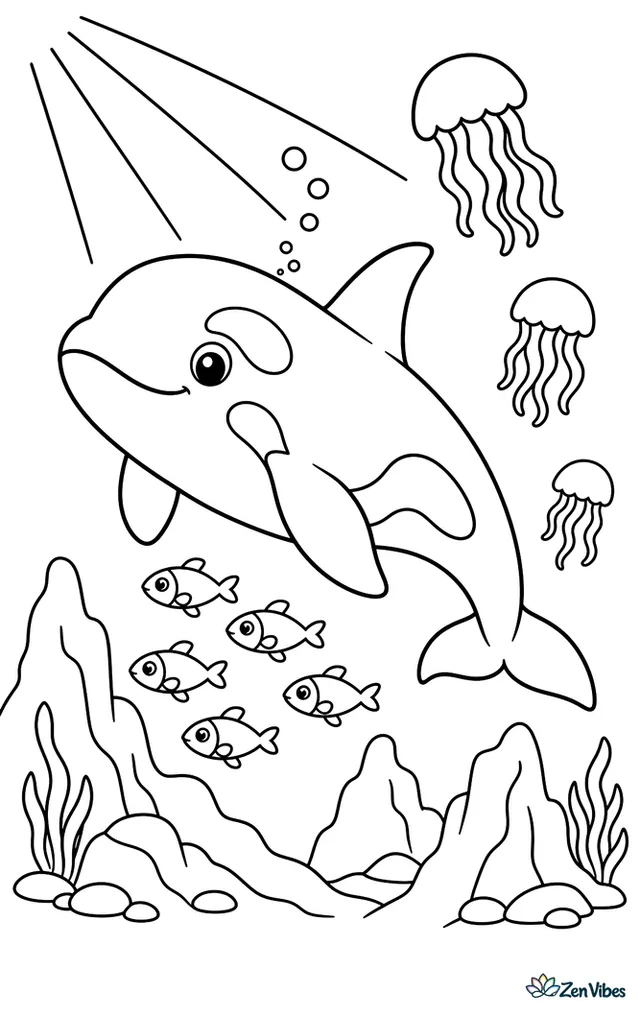An orca swims deep below the surface sending out bubbles, with angled sunbeams, drifting jellyfish, rocky seafloor ridges, and a loose cluster of lanternfish nearby.