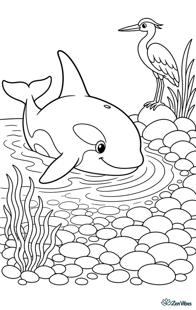 An orca passes close to a pebble beach, with rounded stones under clear water, clumps of eelgrass, a perched heron, and gentle rings spreading from the shore.