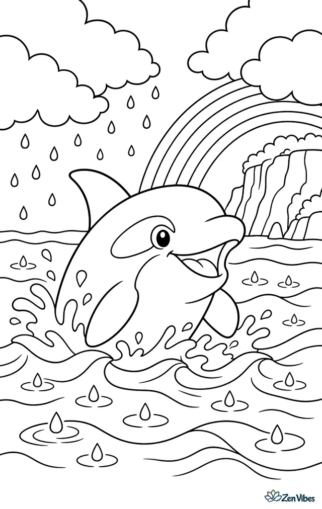 An orca surfaces after a rainstorm, with rolling gray clouds parting, raindrops on the water, a rainbow beginning over distant cliffs, and lively ocean swells.