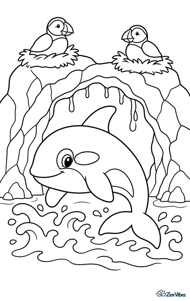 An orca turns near a coastal sea cave, with jagged rock walls, dripping water, nesting puffins above, and white foam swirling at the cave entrance.