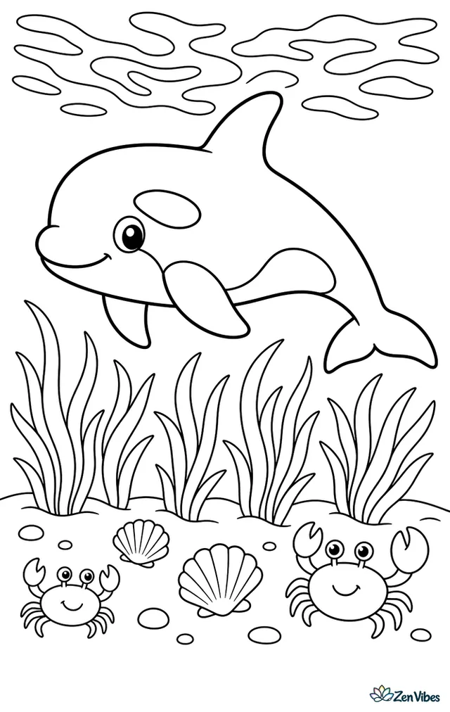 An orca glides over a shallow seagrass meadow, with waving blades, scattered scallop shells, tiny crabs on sand, and bright ripples shimmering across the water.