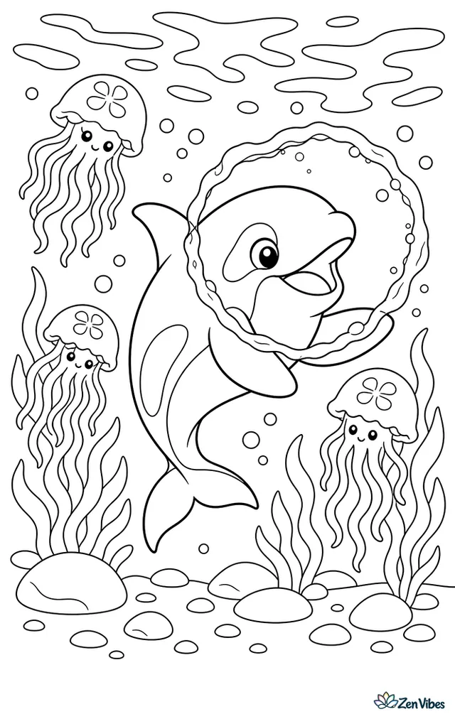 A young orca plays with a bubble ring underwater, with curious moon jellies, ribbonlike kelp strands, scattered stones, and flickering light patterns above.