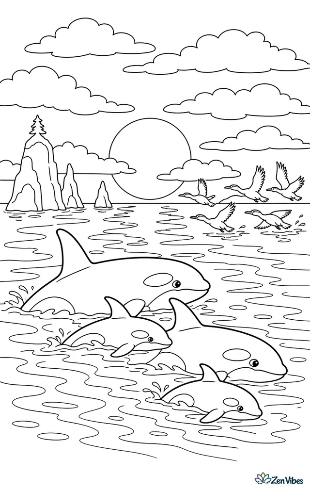 A family pod of orcas travels together at sunset, with layered orange clouds, rippled reflections, distant sea stacks, and a flock of cormorants skimming low over water.