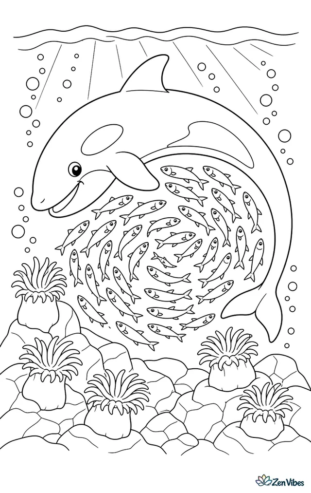 An orca curves around a dense school of Pacific herring, with swirling fish patterns, rising bubbles, shafts of light, and a rocky reef lined with anemones.