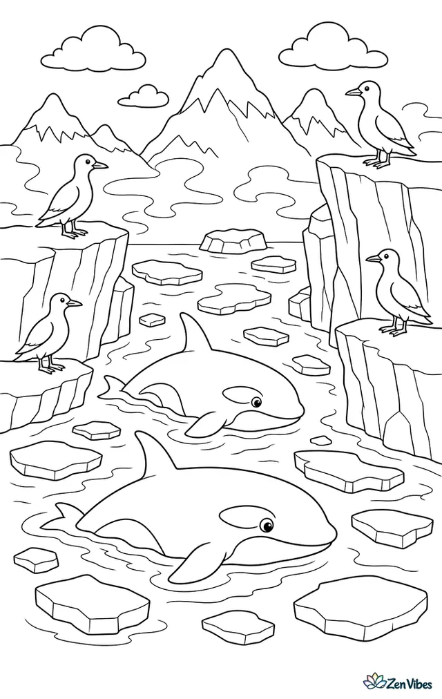 Two orcas swim through a narrow Arctic channel, with broken floes, snowy peaks, drifting mist, and black guillemots perched along icy ledges.