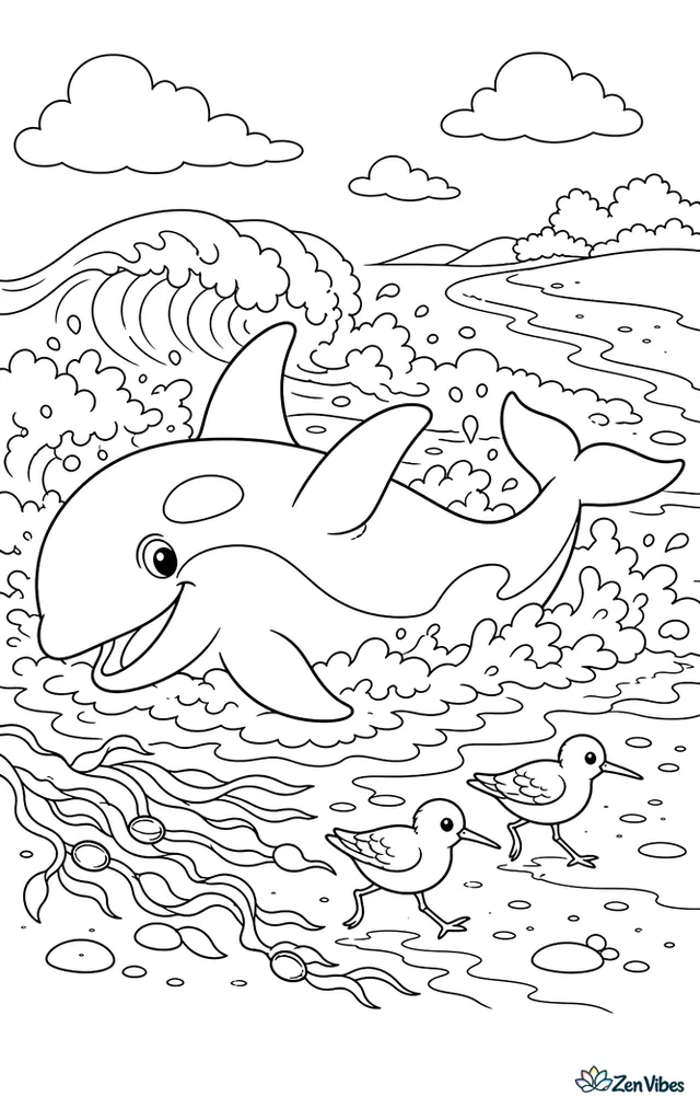 An orca rolls sideways in foamy surf, with curling breakers, scattered drift kelp, a sandy spit, and shorebirds running along the wet beach nearby.
