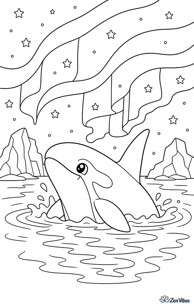 An orca surfaces beneath northern lights, with shimmering sky bands, calm dark waves, distant icebergs, and tiny stars reflected around its glossy back.