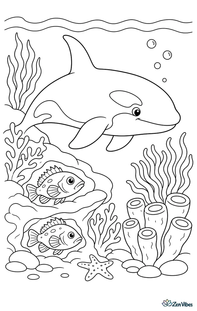 An orca patrols the edge of a cold-water reef, with branching corals, rockfish hovering in crevices, waving sponges, and clear water fading into deeper blue.