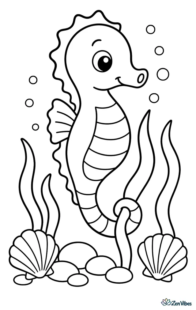 A pot-bellied seahorse drifts upright through a calm seagrass meadow, curling its tail around a swaying blade while tiny bubbles rise, smooth pebbles rest below, and two simple scallop shells sit nearby.