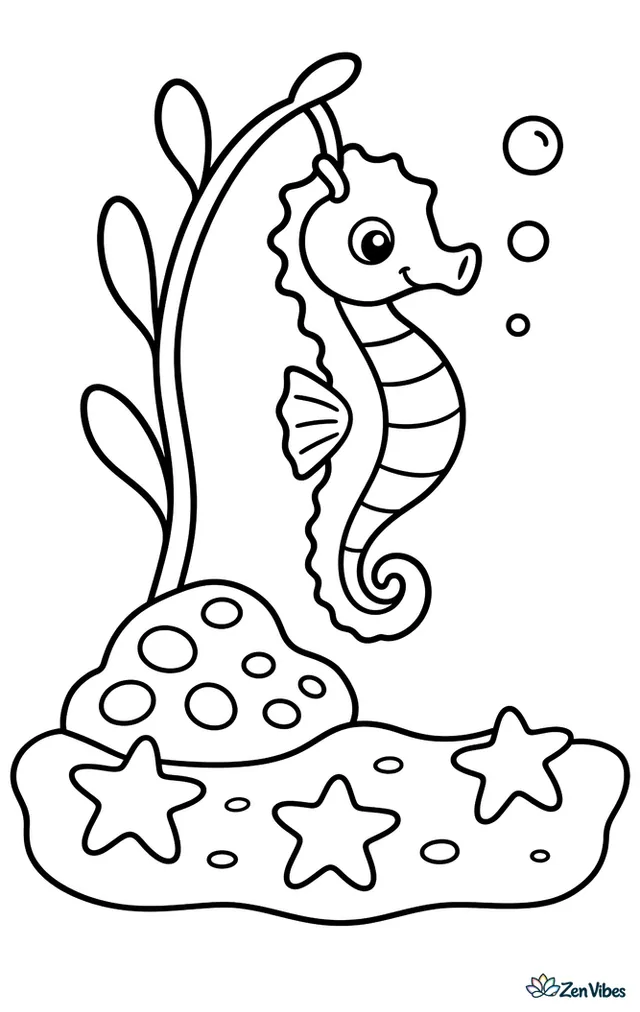 A lined seahorse hangs gently from a single strand of seaweed beside a rounded coral rock, with a sandy bottom, three star shapes, and a few floating bubbles in clear shallow water.