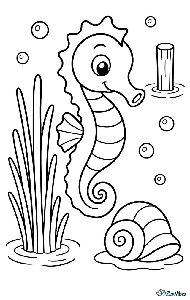 A Knysna seahorse hovers beside a small estuary reed cluster, facing a spiral shell on the bottom while simple ripples, one dock post in the distance, and scattered bubbles frame the quiet scene.