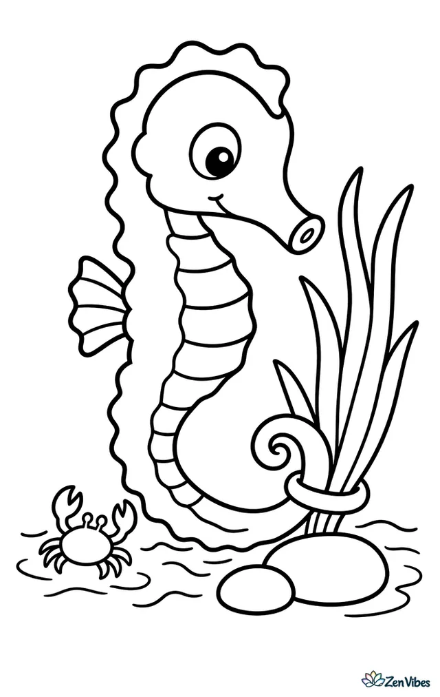 A tigertail seahorse explores a shallow tidepool, curling its tail around a bit of eelgrass near two rounded stones, with a tiny crab silhouette, gentle wave lines, and open space around it.