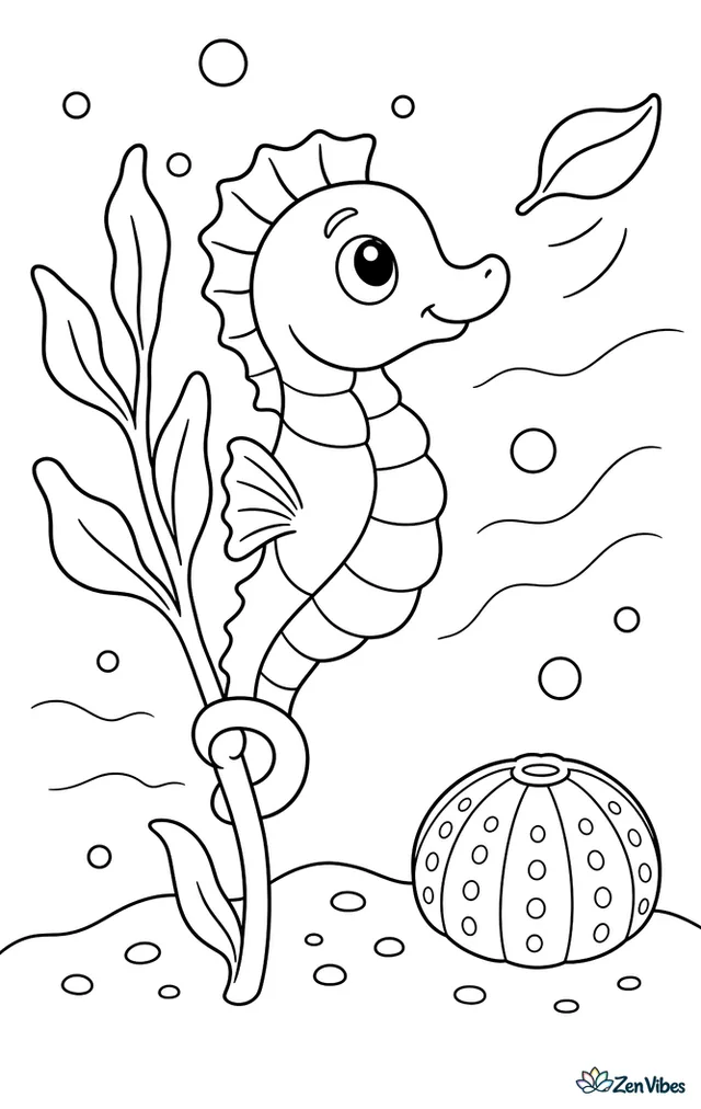 A yellow seahorse wraps its tail around a tall kelp stem while looking at a drifting leaf, with a sandy seabed, one sea urchin shell, several bubbles, and soft water lines behind.