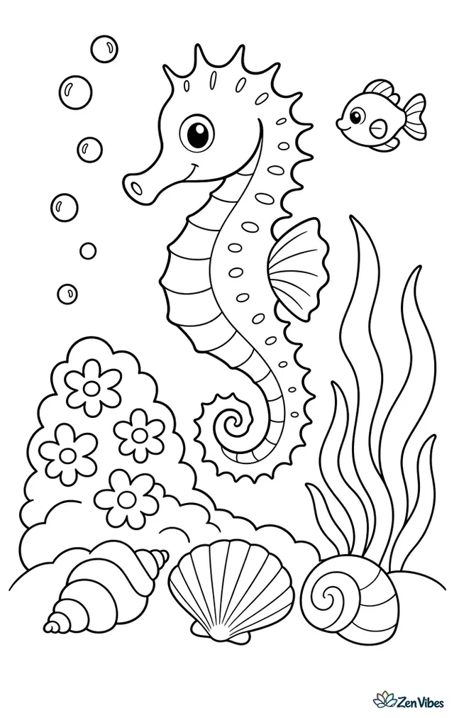 A spiny seahorse glides past a low coral mound dotted with simple polyps, above three seashells and waving sea grass, while a tiny fish swims in the background and bubbles trail upward.