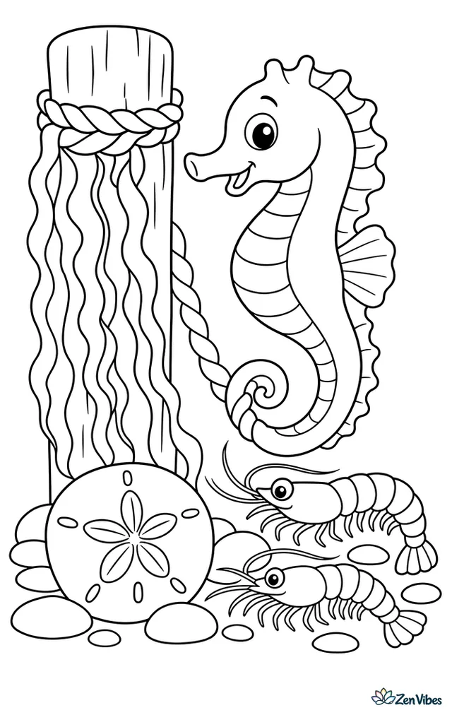 A Pacific seahorse floats near a pier piling covered with seaweed, its curled tail touching a rope-like plant while a sand dollar, smooth rocks, and a pair of shrimp appear below.