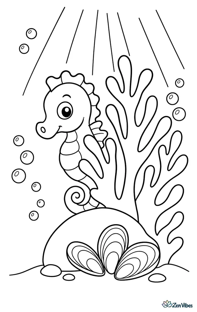 A short-snouted seahorse peeks from behind branching seaweed beside a small harbor rock, with mussel shells, bubble clusters, and light beams descending through still coastal water around the scene.