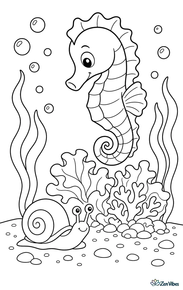 A white seahorse hovers over a patch of sea lettuce and delicate coral rubble, watching a snail move across the sand while bubbles, pebbles, and two ribbonlike plants fill the setting.