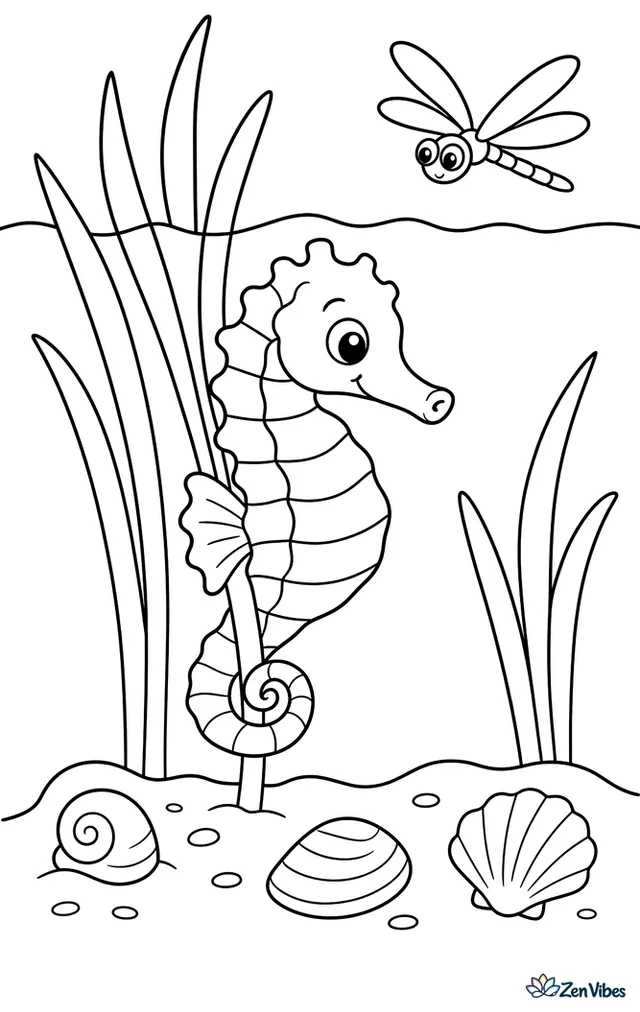 A Cape seahorse drifts among estuary reeds near a muddy bank, tail curled around a stem as a dragonfly hovers above the waterline and small shells rest below the surface.