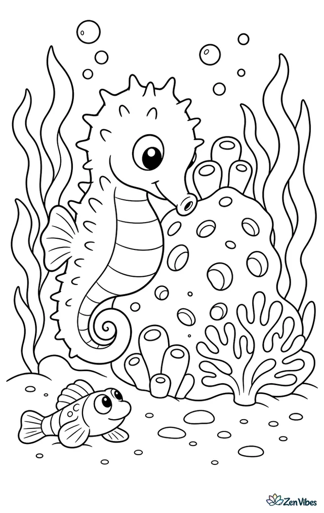 A hedgehog seahorse nestles beside a sponge-covered rock, framed by waving algae, a small fan coral, and tiny bubbles, while a curious goby fish watches from the sandy bottom.