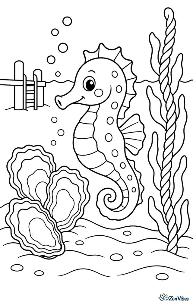 A Japanese seahorse swims past clustered oyster shells and a rope of seaweed in a sheltered bay, with rippled sand, bubble trails, and a distant dock ladder in the background.