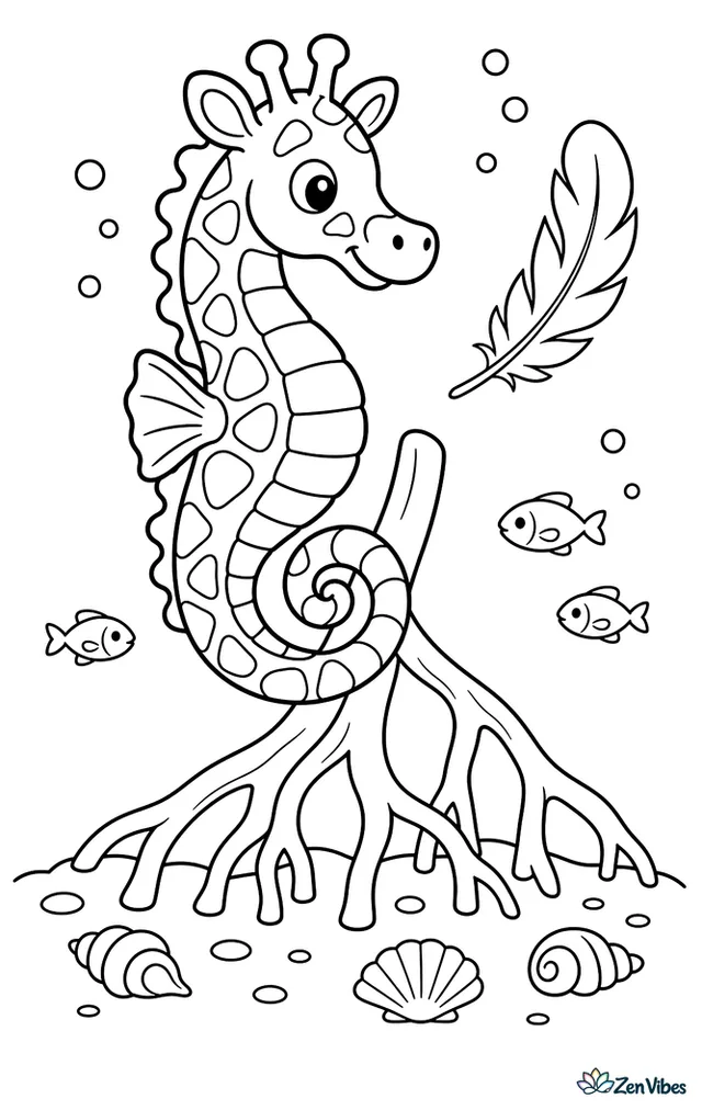 A giraffe seahorse curls around a mangrove root in a clear lagoon, facing a floating feather while small minnows pass behind, shells dot the mud below, and soft sun rays filter down.