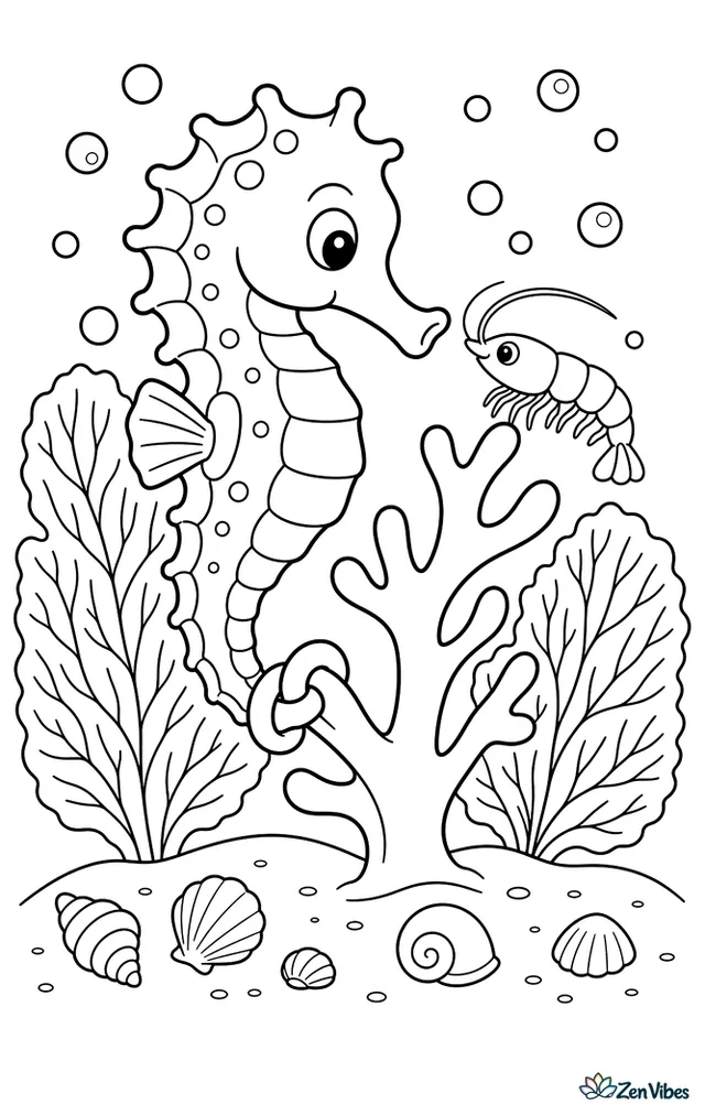 A Barbour's seahorse grips a coral branch with its tail and leans toward a tiny shrimp, surrounded by sea fans, bubbles, and a sandy patch scattered with little shells.