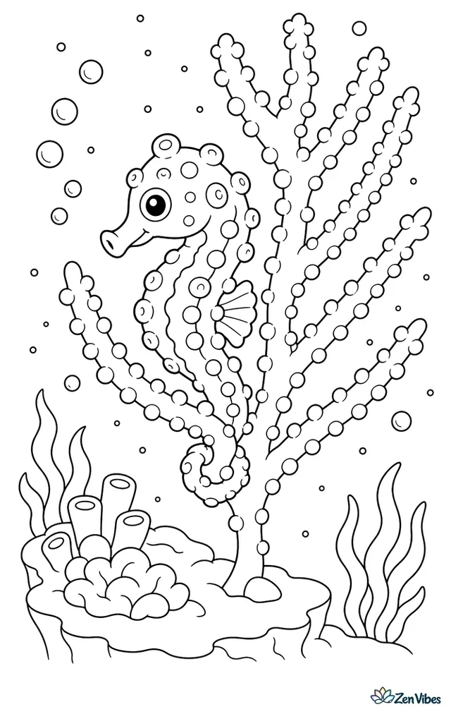 A Denise's pygmy seahorse clings to a gorgonian sea fan, matching its bumpy texture while tiny plankton dots drift around, a small coral ledge sits below, and bubbles rise softly.
