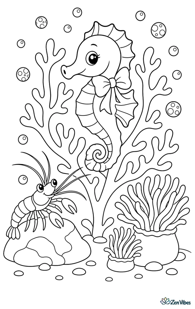 A ribboned seahorse weaves between soft coral branches, curling its tail around one stem while a cleaner shrimp stands on a rock, anemone shapes sway nearby, and patterned bubbles float upward.