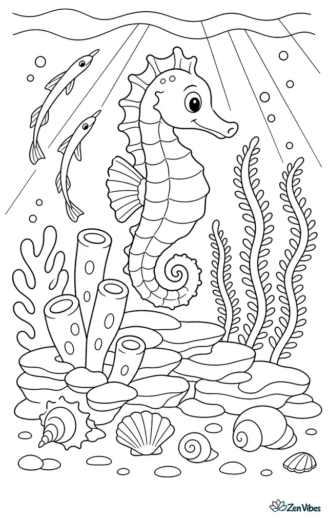 A great seahorse cruises above layered reef stones, passing sea whips and tube sponges while two slender fish arc behind it, shells scatter across the bottom, and sunlight bands cross the water.
