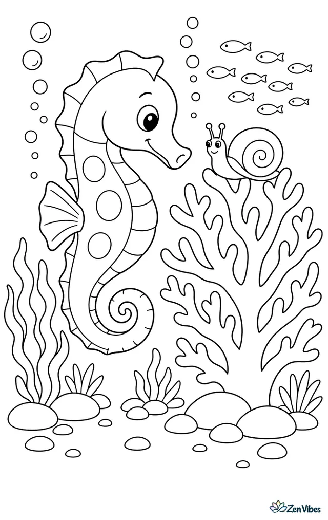 A three-spot seahorse explores a coral garden, facing a small sea snail on branching coral while algae tufts, pebbles, bubble strings, and a distant school of tiny fish complete the scene.