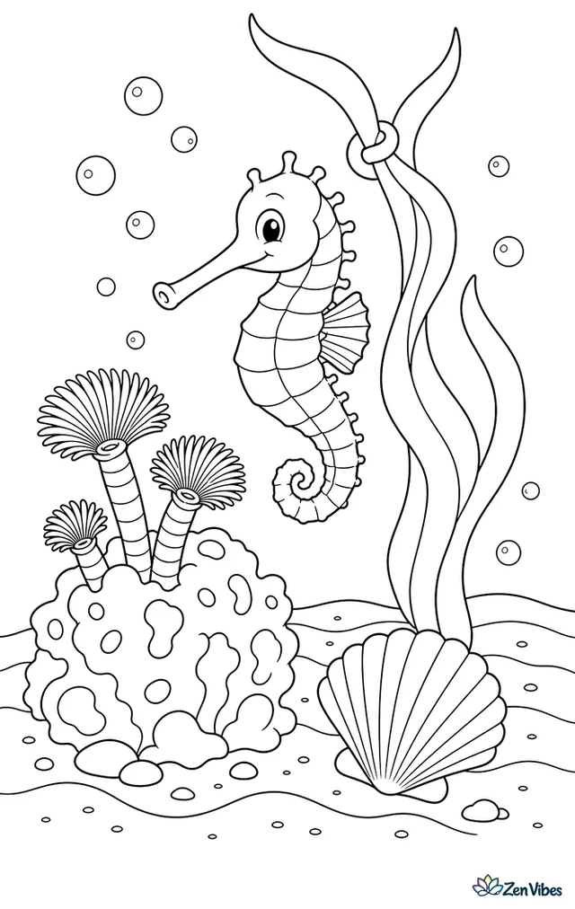 A longsnout seahorse swings gently from a ribbon of seagrass beside a coral head, with feather duster worms, a scallop shell, drifting bubbles, and rippled sand stretching behind it.
