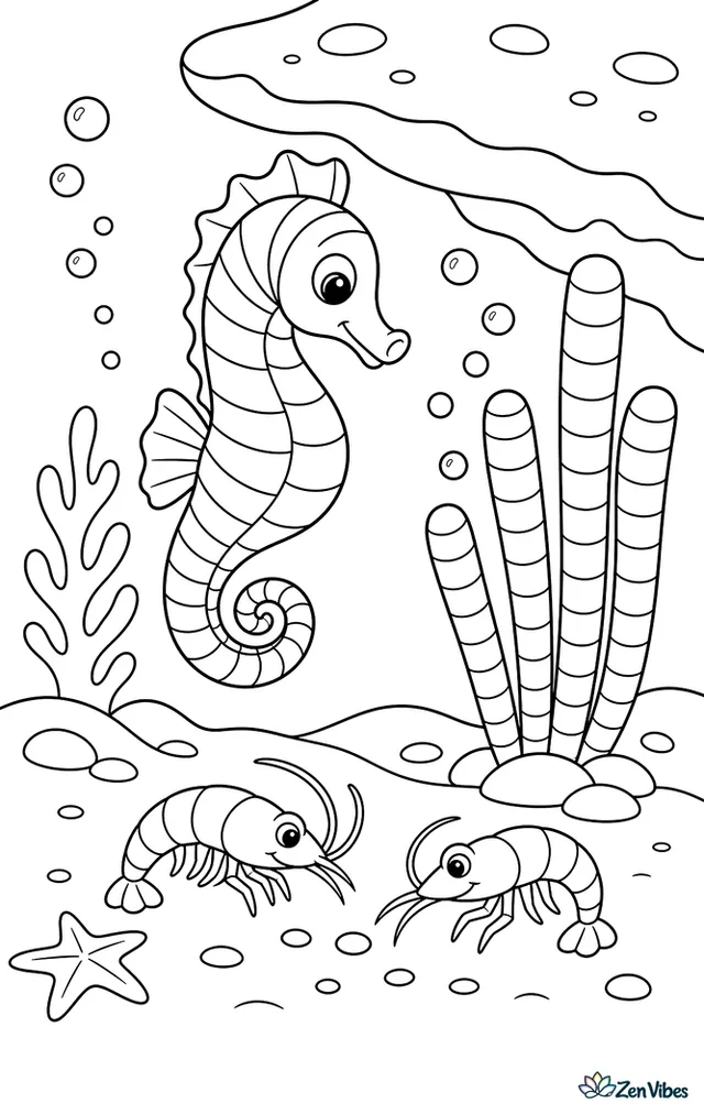 A zebra seahorse hovers beside striped sea rods under an overhanging rock, its tail curled tightly while a pair of shrimp forage below and bubble trails rise through the patterned water.