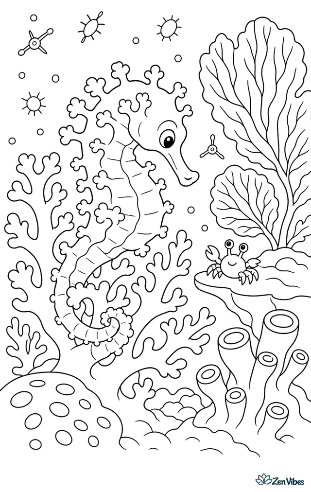 A Walea soft coral seahorse rests among knobby soft coral branches, peering toward a tiny crab on a ledge while sponge forms, sea fans, and floating plankton shapes fill the reef scene.