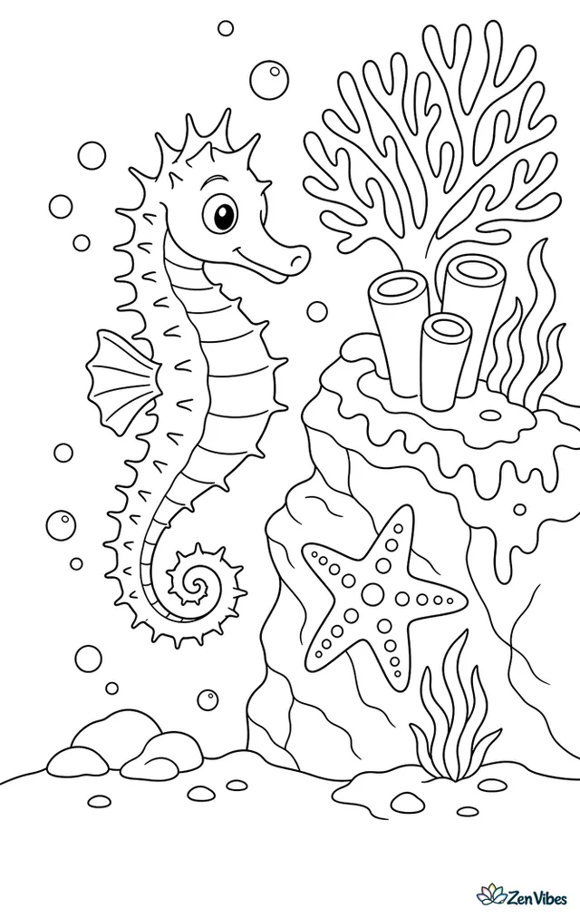 A thorny seahorse drifts along a rocky ledge covered in algae, beside a sea fan and tube sponge, while a starfish clings below and bubbles rise around the textured underwater wall.