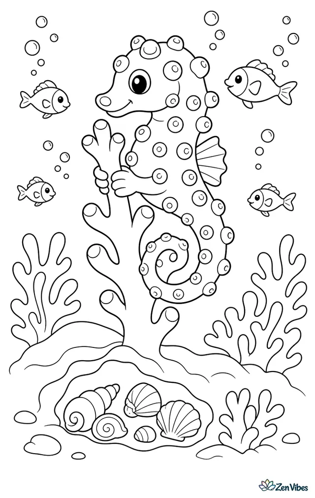 A Coleman's pygmy seahorse grips a branching coral tip above a crevice with tiny shells, as small reef fish weave through the background and delicate bubble clusters sparkle across the scene.