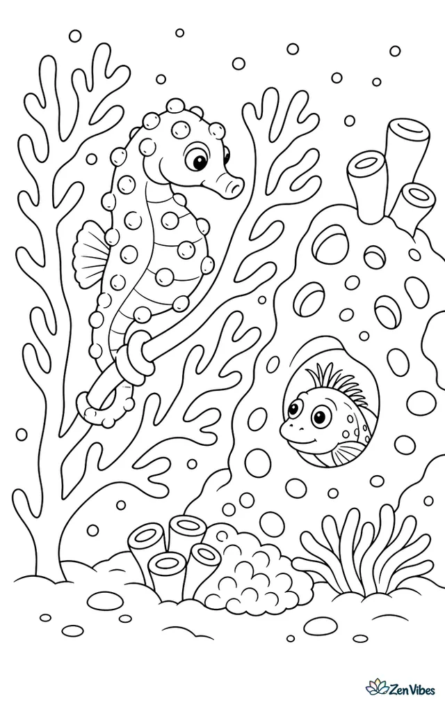 A Satomi's pygmy seahorse perches on a sea fan branch beside a spongey outcrop, with drifting plankton dots, a curious blenny peeking from a hole, and fine coral textures all around.