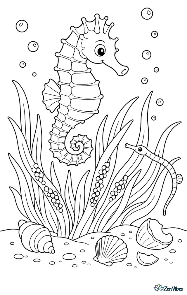 A Lemaire's seahorse hovers above a patch of seagrass where tiny eggs cling to stems, with shell fragments, bubbles, and a little pipefish weaving through the calm coastal habitat nearby.