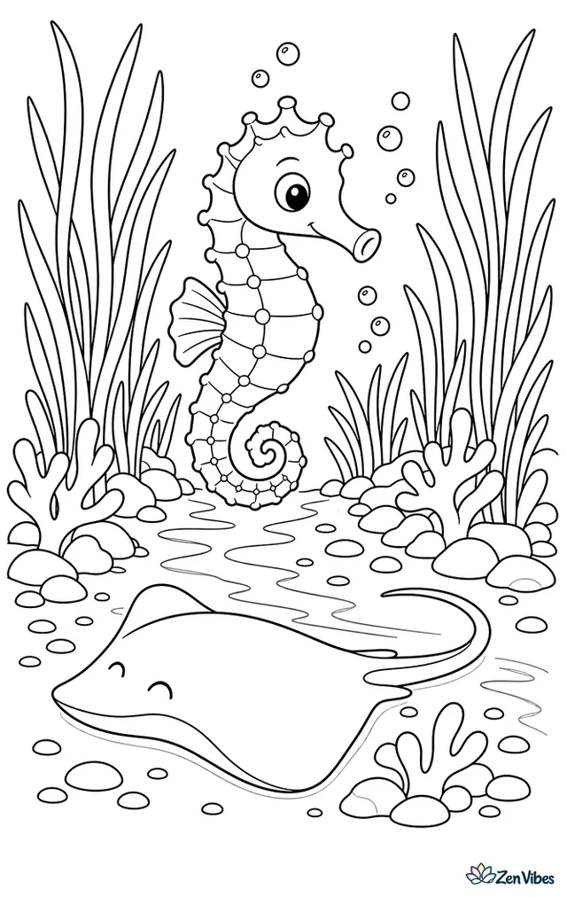 A knobbed seahorse moves through a shallow channel lined with sea grass and coral rubble, passing a resting ray-shaped silhouette on sand while reed shadows and bubble trails add depth.