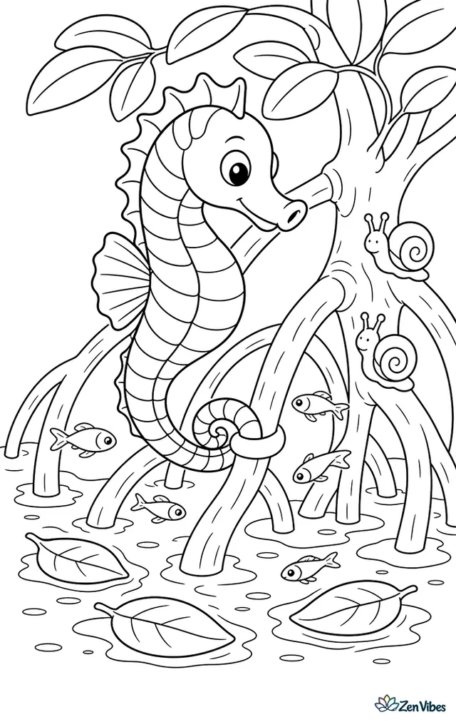 A tiger tail seahorse curls around mangrove roots in a nursery lagoon, watching small fry dart between roots while snails creep on bark and layered leaves float above the mud.