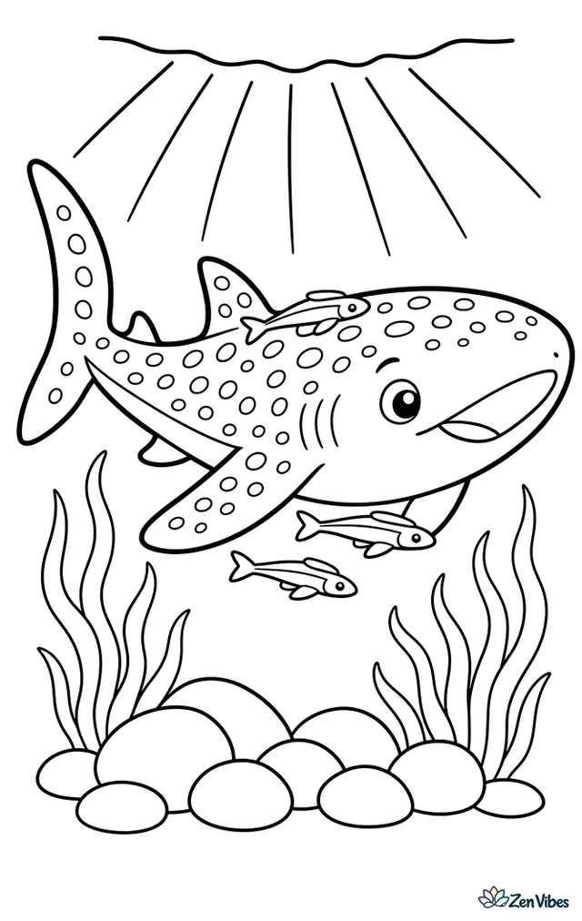 A whale shark glides slowly through a shallow tropical lagoon above smooth stones, waving seagrass, and three small remoras, with sunbeams filtering down from the calm surface.