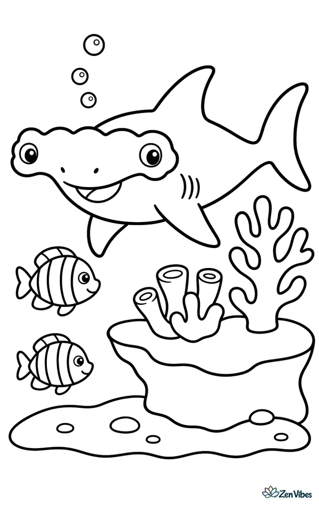 A scalloped hammerhead shark cruises past a simple coral reef ledge, with two striped fish nearby, a sandy seafloor below, and a few bubbles rising upward.