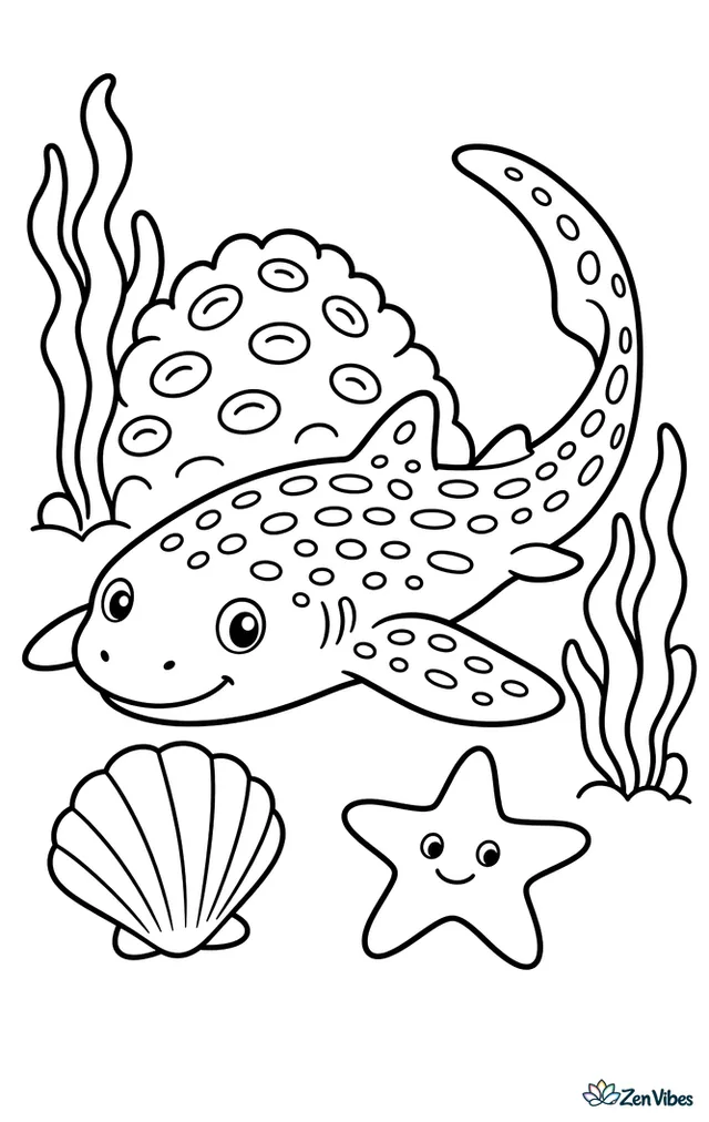 A zebra shark rests on the sandy bottom beside a rounded coral mound, with a seashell, a starfish, and gently swaying seaweed around it.