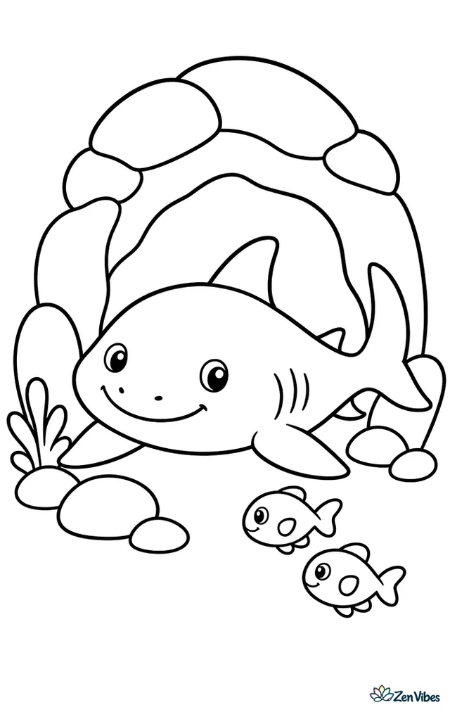 A nurse shark relaxes at the entrance of a small underwater cave, surrounded by smooth rocks, short sea plants, and a pair of tiny fish.