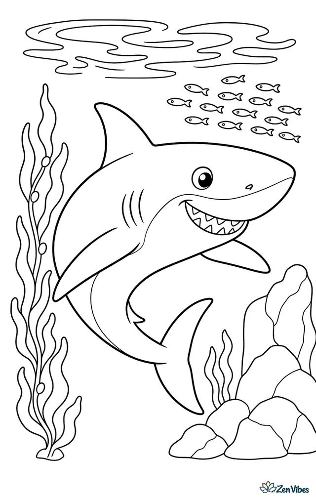 A great white shark makes a wide turn in open water near a rocky outcrop, with floating kelp strands, a school of anchovies, and ripples visible above.