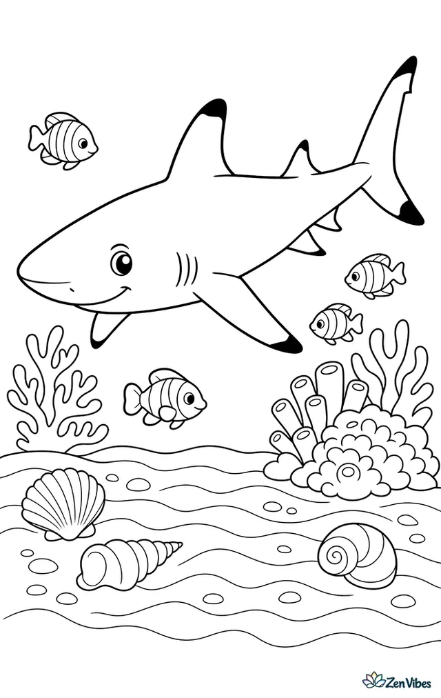A blacktip reef shark swims along a bright shoreline shallows, passing over rippled sand, scattered shells, and small reef fish near patches of coral.