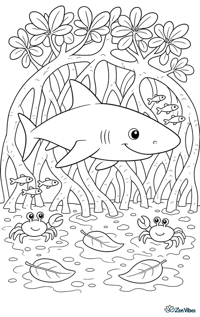 A lemon shark moves between mangrove roots in clear coastal water, with crabs on muddy ground, minnows weaving through roots, and fallen leaves drifting nearby.