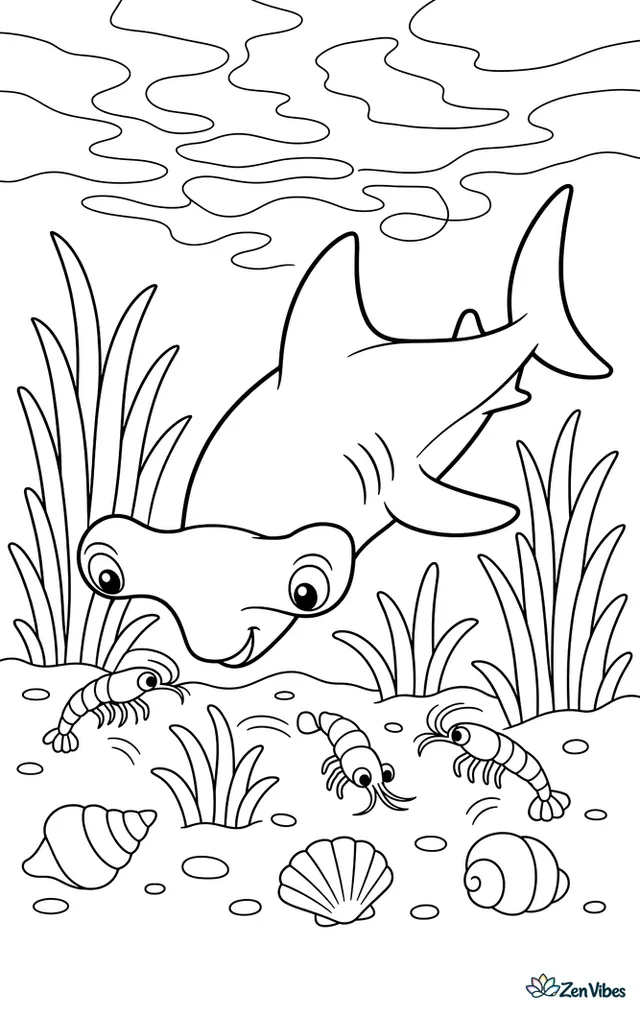 A bonnethead shark searches through a seagrass meadow for tiny snacks, while shrimp hop near blades, shells dot the bottom, and sunlight patterns shimmer around.