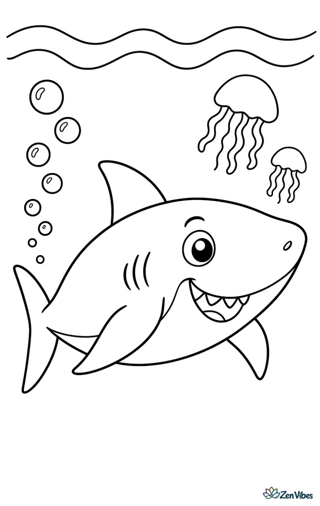 A blue shark swims through open sea beside a trail of rising bubbles, with drifting jellyfish far away and gentle ocean swells visible at the surface.