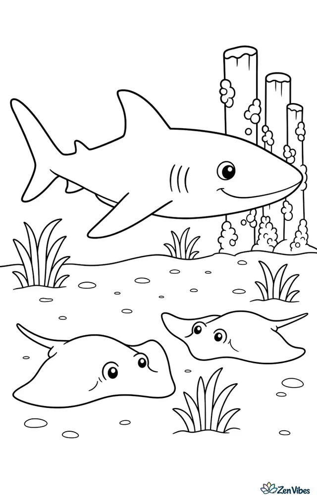 A sandbar shark cruises over a sandy flat with stingrays resting below, sparse seagrass tufts, and distant pilings covered in barnacles near the horizon.